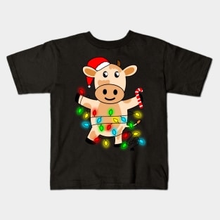 Cow Reindeer Hat Santa Christmas Lights Kids T-Shirt